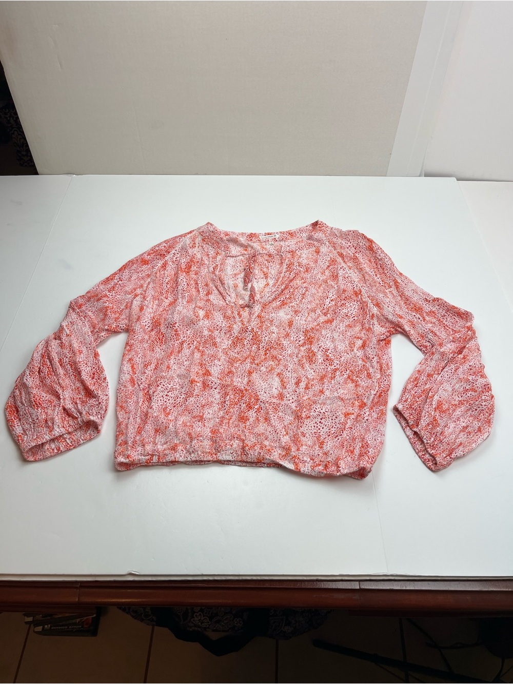 Poupette St. Barth Women's Pink-Orange Printed V-Neck‎ Blouse Popover Top Small